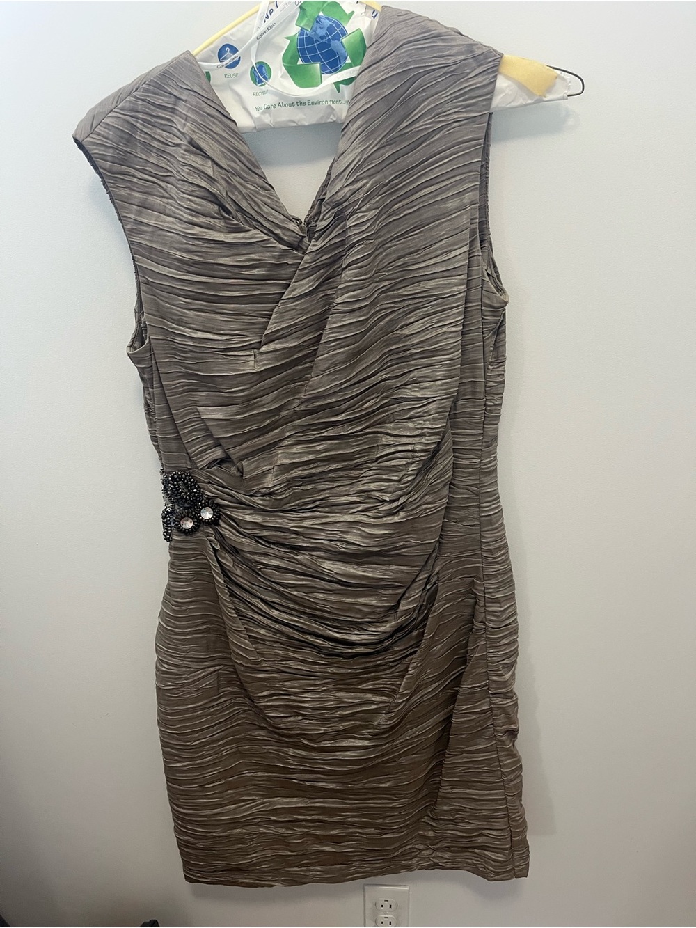 Calvin Klein Sleeveless Taupe Ruched Cocktail Dress with Embellished Waist